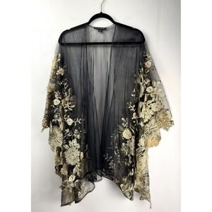 Boston Proper Kimono Poncho Top Black Gold Floral Metallic Embroidered Sheer O/S